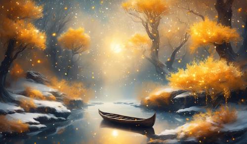 Winter glitters, moonlit forest, creek waterfall to lake,with yellow and orange bushes,floating acrorn boat