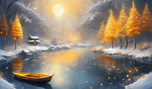 Winter glitters, moonlit forest, creek waterfall to lake,with yellow and orange bushes,floating acrorn boat