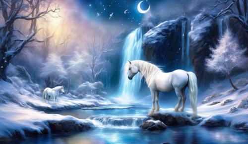 Sparkling Winter moonlit, creek waterfall to rocky pond with catailes, albino unicorn pegasis horse drinkin at edge ,