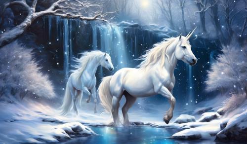 Sparkling Winter moonlit, creek waterfall to rocky pond with catailes, albino unicorn pegasis horse drinkin at edge ,