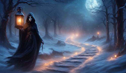 Dark spooky winter trail,with grim reaper woman, holden lantern, parting robe