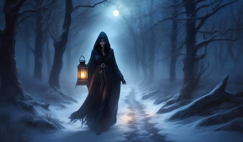 Dark spooky winter trail,with grim reaper woman, holden lantern, parting robe