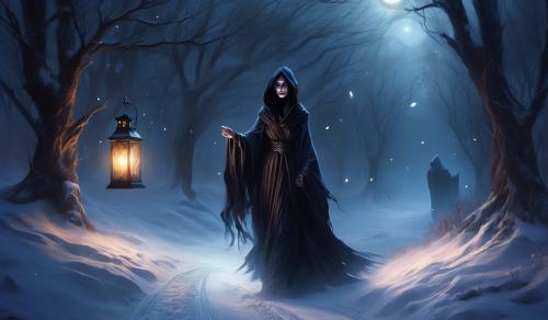 Dark spooky winter trail,with grim reaper woman, holden lantern, parting robe