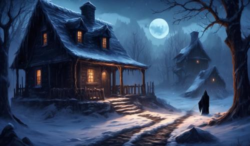 Spooky winter dark, grim reaper with syckle,cobble stoned cabin 