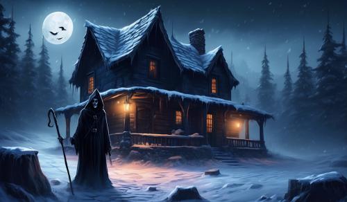 Spooky winter dark, grim reaper with syckle,cobble stoned cabin 