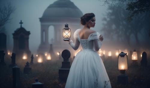 Curvy woman, white Victorian dress made of thin fabric, elegant corset, night, fog, old cemetery, dishevled hair, oil lamp in hand, Christian silver jewelry