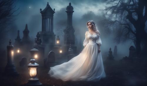 Curvy woman, fog, night, white Victorian dress made of thin fabric, elegant corset, old cemetery, disheveled hair, oil lamp in hand, Christian silver jewelry