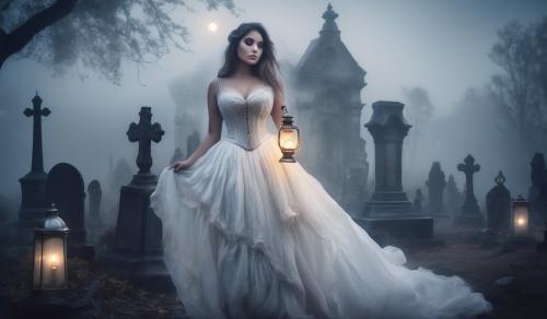 Curvy woman, fog, night, white Victorian dress made of thin fabric, elegant corset, old cemetery, disheveled hair, oil lamp in hand, Christian silver jewelry