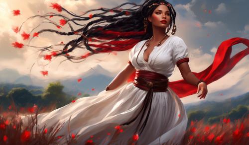 Traditional farm girl, curvy, slim waist, wide hips, black braids, white cotton shirt with red embroidery, wide leather bodice belt, lots of leather and brongse jewelry, red embroidered wide skirt, red ribbons  in the hair