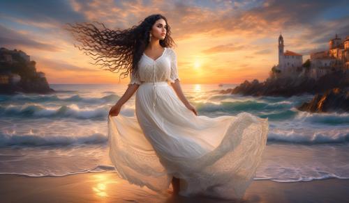 curvy young woman, full figure, compliete full bodied, flirtacious, lace white blouse, long curly black hair braided with small braids, lots of jewelry, a coarsely crocheted skirt, stands barefoot in the sea at sunset in Liguria