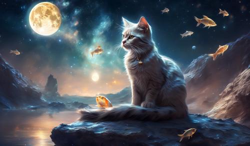   A cat is sitting on moon and eating fish