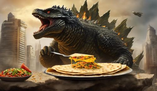 Godzilla comiendo un edifio de quesadilla