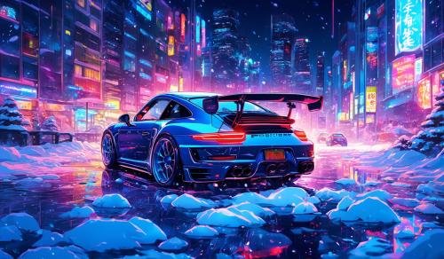 un porsher 911 en la nieva con luces neon