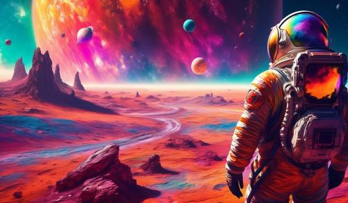 Astronaut on a planet looking at other planets (very colorful)