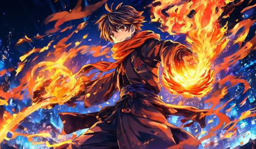 create a anime character holding a flame sward