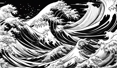 the great wave line art black and white