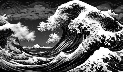 black and white wave of kanagawa with a black background