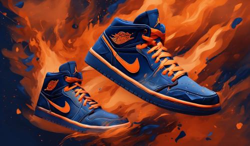 custom Jordan sneakers with burnt orange and navy blue colors and a dynamic background