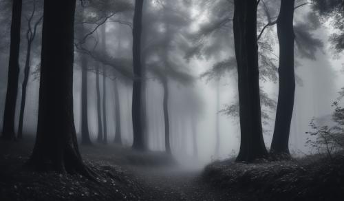 black and grey forest with fog