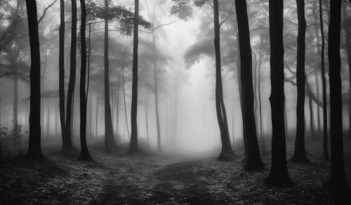 black and white scary forest with fog 