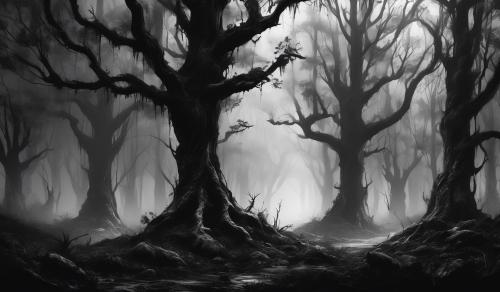 black and white dark forest