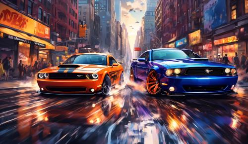 Dodge challenger and ford mustang drifting in new york city