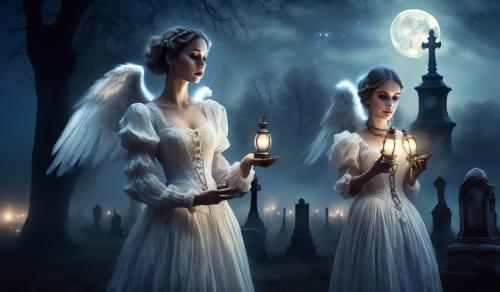 At night, moonlight, fog, old cemetery, female cemetery angel, two anxious women arm in arm, first woman curvy Victorian maid with pigtails and oil lamp in hand, second woman elegant lady with white Victorian dress corset lots of jewelry