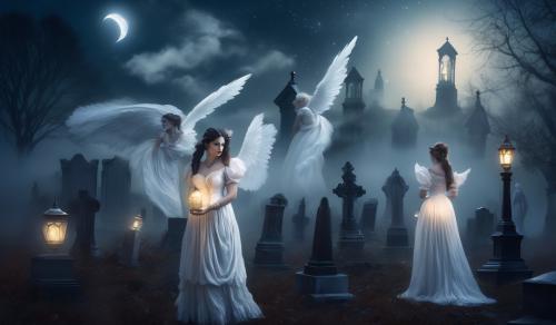 At night, moonlight, fog, old cemetery, female cemetery angel, two anxious women arm in arm, first woman curvy Victorian maid with pigtails and oil lamp in hand, second woman elegant lady with white Victorian dress corset lots of jewelry