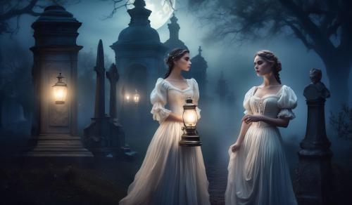 At night, moonlight, fog, old cemetery, two anxious women arm in arm, first woman curvy Victorian maid with braids and oil lamp in hand, second woman elegant lady with white Victorian dress corset lots of jewelry