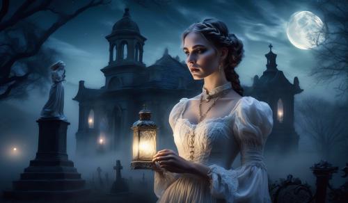 At night, moonlight, fog, old cemetery, two anxious women arm in arm, first woman curvy Victorian maid with braids and oil lamp in hand, second woman elegant lady with white Victorian dress corset lots of jewelry