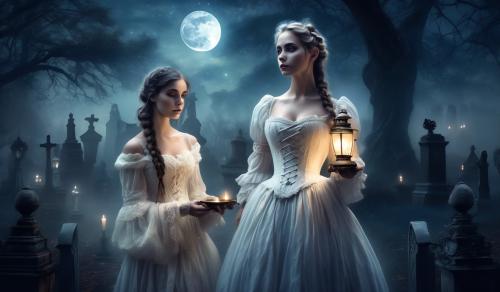 At night, moonlight, fog, old cemetery, two anxious women arm in arm, first woman curvy Victorian maid with braids and oil lamp in hand, second woman elegant lady with white Victorian dress corset lots of jewelry