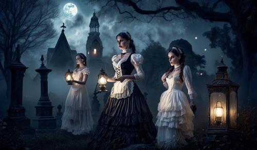 At night, moonlight, fog, old cemetery, two anxious women arm in arm, first woman curvy Victorian maid in classic lace French maid costume with braids and oil lamp in hand, second woman elegant lady with white Victorian dress corset lots of jewelry