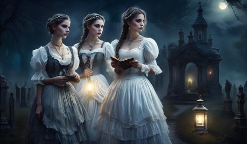 At night, moonlight, fog, old cemetery, two anxious women arm in arm, first woman curvy Victorian maid in classic lace French maid costume with braids and oil lamp in hand, second woman elegant lady with white Victorian dress corset lots of jewelry