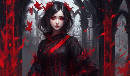 a anime girl with red details gothic