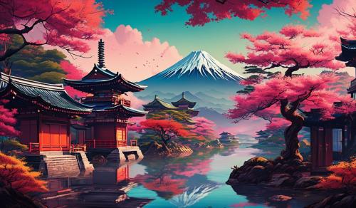 Genera un fondo con un paisaje japones de la cultura de los 80s