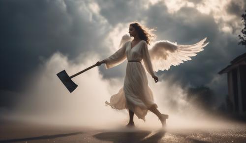 light Godess angel with ax in both hands runing out cloud doors