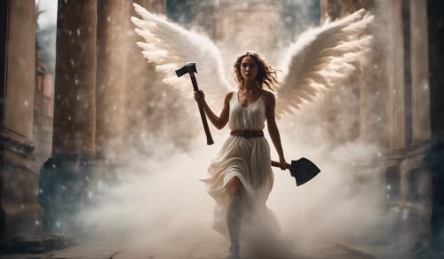 light Godess angel with ax in both hands runing out cloud doors