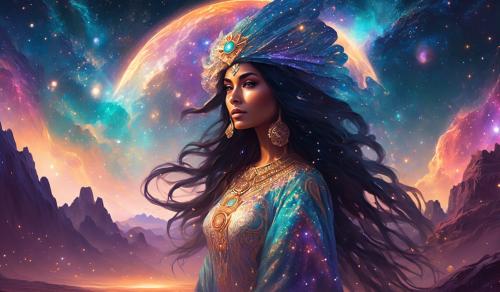 Stary nebular dressed mexican godess in galactic skully ground landscape