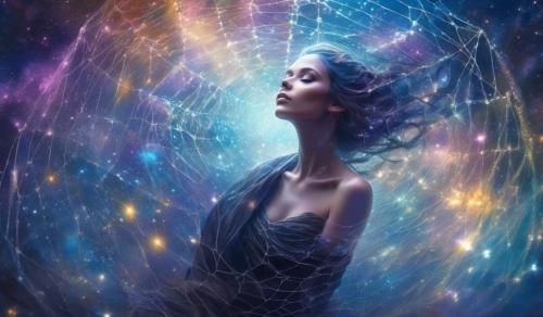 Nebular woman draped in galactic webs in skully ground