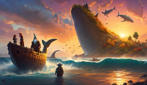 Ark ascended, fall sunset, gnome woman,velosaurs, whale,toy boat,shore line 