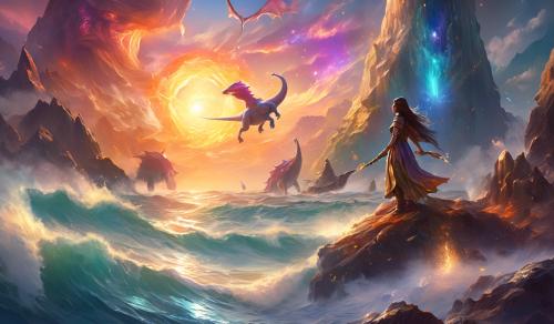 Ark ascended,fall sunset,gnome battle mage woman,ocean shore, dinos, nebular,