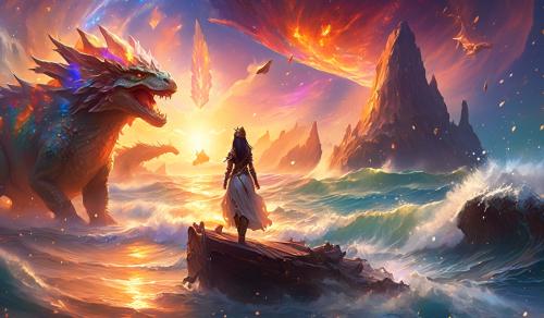 Ark ascended,fall sunset,gnome battle mage woman,ocean shore, dinos, nebular,