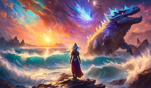 Ark ascended,fall sunset,gnome battle mage woman,ocean shore, dinos, nebular,