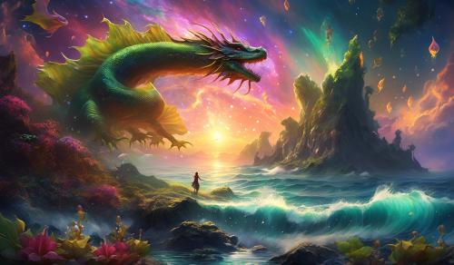 Ark ascended,nebula fall sunset, swallowed by dragon,ocean shore, jumping fish,wild carnivoris plants,