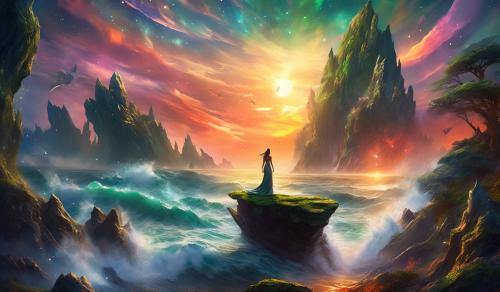 Ark ascended,nebular fall sunset,bloody ocean shore, mossy rock,dino dragons,godess woman,