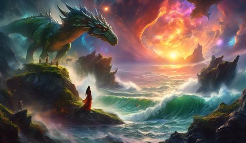 Ark ascended,nebular fall sunset,bloody ocean shore, mossy rock,dino dragons,godess woman,