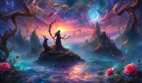 Nebular fall ocean sunset,cloudy, alot of animals, witchess with stary twisted claw staff,webbed  heart dripping to  pond,growing bleeding rose vine,