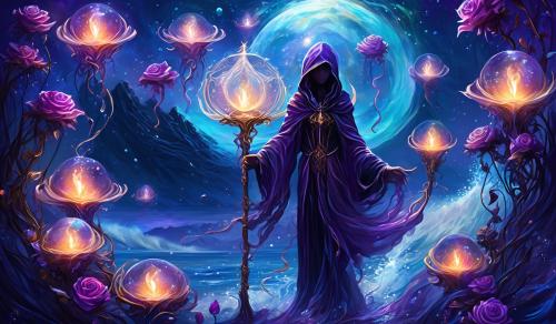 Nebular flamen skeletal hooded,harvest sythed orb staff vine, mountainous ocean solid waves,under water reif ,stary jellyfish roses, black purple blue white candles,open handed eye palm,giants back with tiny angel whispers, flying music symbols, 