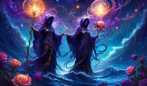 Nebular flamen skeletal hooded,harvest sythed orb staff vine, mountainous ocean solid waves,under water reif ,stary jellyfish roses, black purple blue white candles,open handed eye palm,giants back with tiny angel whispers, flying music symbols, 