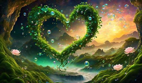 Green ivey rose vine hoody on godess: nebular fall sunset on cloud puffs, carpet moss rocks: floral rocky river: flying heart leafs: split into multi tiny tunnel zoom fantasy worlds,:flying oiled bubbles,